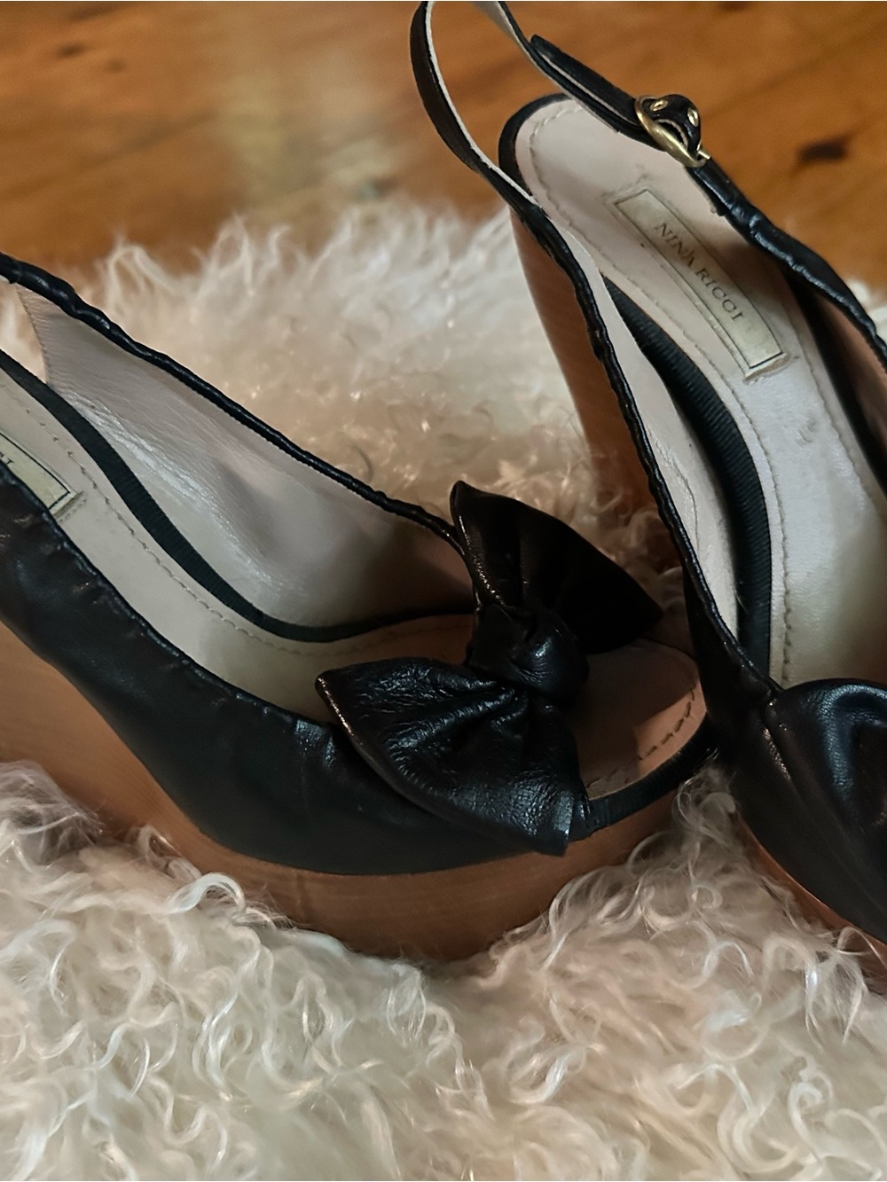 Nina Ricci Black Leather Bow Slingback Wedges with Wood-Tone Platform